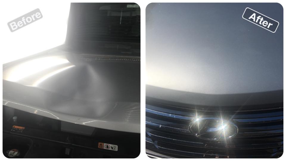  Many hood have double bracing in the front. This requires alot of skill to perform. I would say that these kinds of dents you should be looking for in a dent technitian. Even though this one looks small, it took almost 7 hours to repair.   