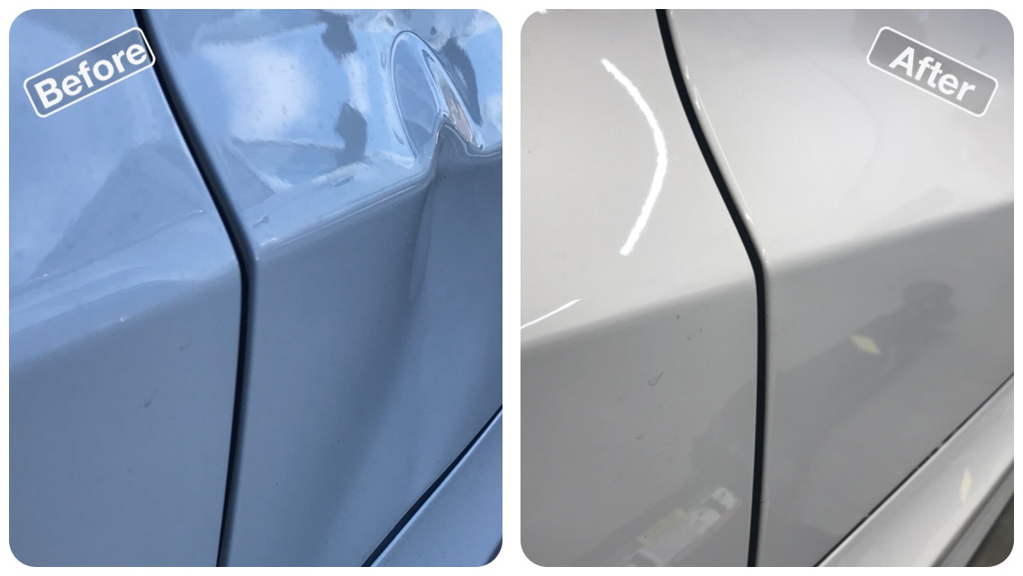  Audi Q3, 2017. One week after she purchased this, it was hit at Hobby Lobby. The customer didnt know what happened or why. This is aluminum which made it almost impossible to repair. When she saw it after the repair, she jumped into the air and started hugging me. Her husband was not amused, but he had me repair several dents on his vehicle, about one week later. So, all was forgiven.  